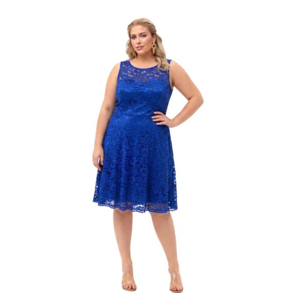 Davids Bridal Royal Blue Dress Lace Overlay Strapless Underneath Flared Size 14
